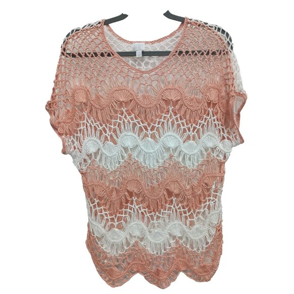 Vintage Y2K Soho Womens Top Large White Orange Crochet Sheer BOHO Cottagecore - Picture 1 of 8